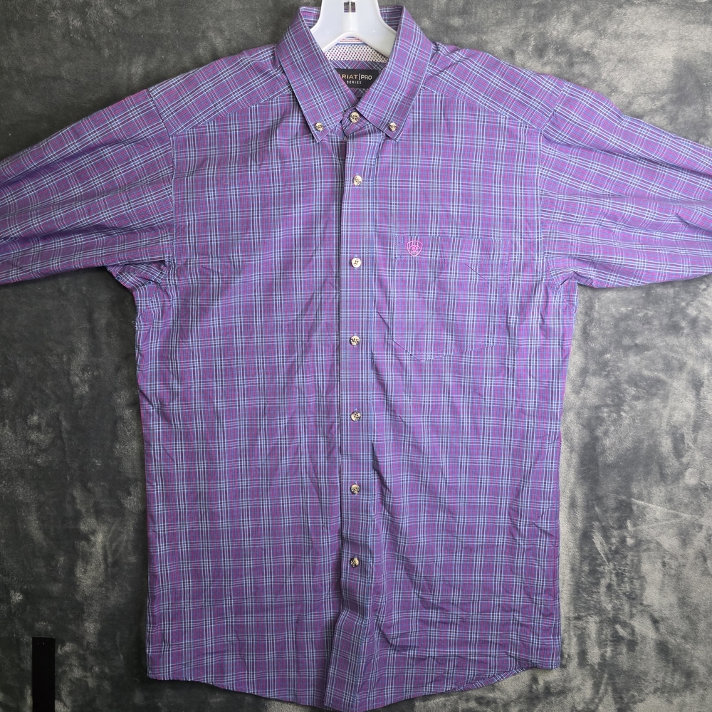 Ariat Pro Series Men's Purple Plaid Button Down Long Sleeve Shirt Sz Medium - Picture 7 of 9